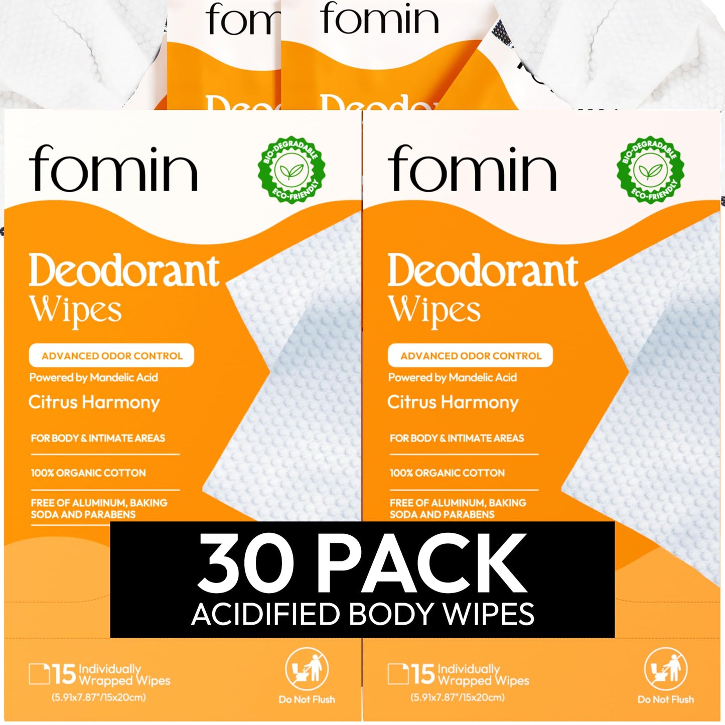 FOMIN Acidified Travel Deodorant Wipes For Women & Men - 30 Count - Variety Pack - pH Balanced, Mini Deodorant Travel Size Wipes - Plastic-Free, Individually Wrapped Underarm Body Wipes