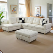 Sectional Couch 103.5" L Shaped Couch Comfy Futon Bed Upholstered Faux Leather 3 Pieces Living Room Furniture Sets with Ottoman and High Density Sponges for Living Room, White