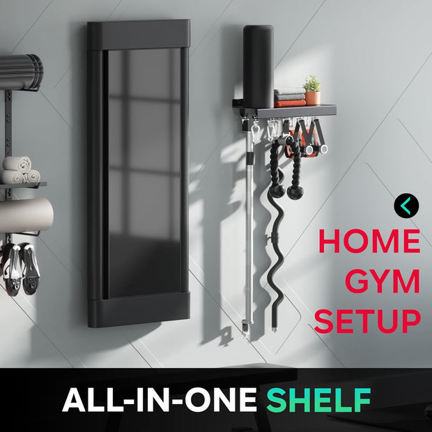 Metal Shelf Compatible with Tonal Accessories, Floating Shelf Organizer for Home Gym Storage, T-Lock Adapters Bracket Hanger, Gym Rack Wall Mounted with Hooks, Black Workout Holder