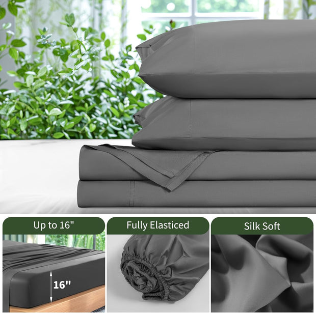 LBRO2M Cooling Bed Sheet 100% Viscose Derived from Bamboo Sheet Set 4 Piece,Fit Up to 16" Deep Mattress, 1800 TC Sheet Super Soft Silky Smooth,Breathable Cool Bedding (King Dark Gray)