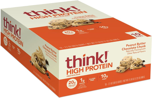 think! Protein Bars, High Protein Snacks, Gluten Free, High Fiber, Peanut Butter Chocolate Chunk, 10 Count