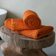 Luxury Japanese Cotton Waffle Bath Towel | Plush, Absorbent, and Quick Dry (Coral Orange, Hand Towel, 32" x 16")