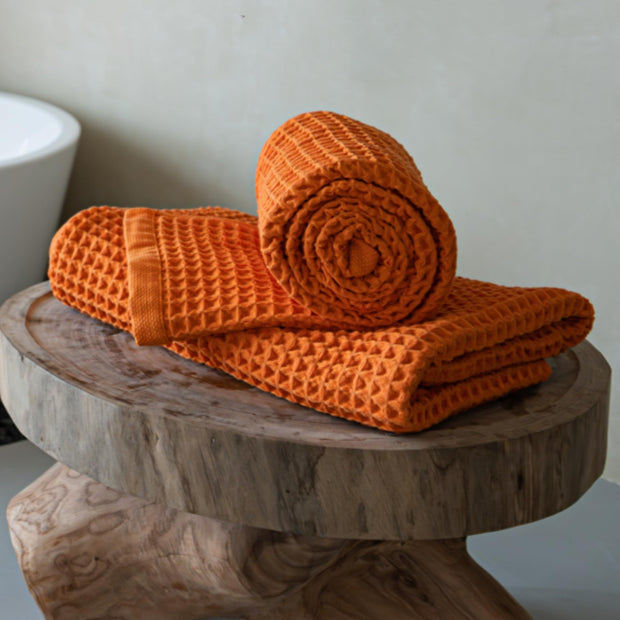 Luxury Japanese Cotton Waffle Bath Towel | Plush, Absorbent, and Quick Dry (Coral Orange, Hand Towel, 32" x 16")