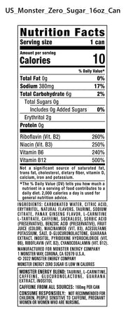 Monster Energy Zero Sugar, Green, Original, Low Calorie Energy Drink, 16 ounce (Pack of 15)