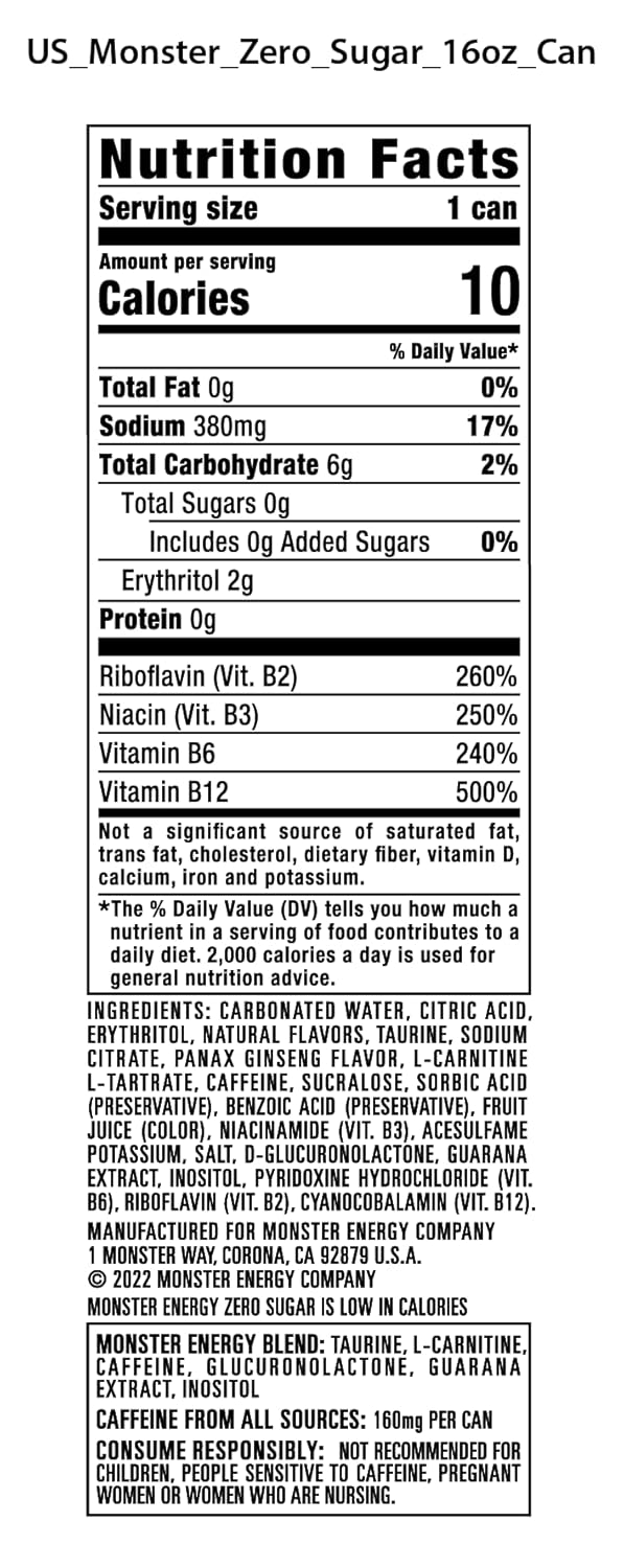 Monster Energy Zero Sugar, Green, Original, Low Calorie Energy Drink, 16 ounce (Pack of 15)