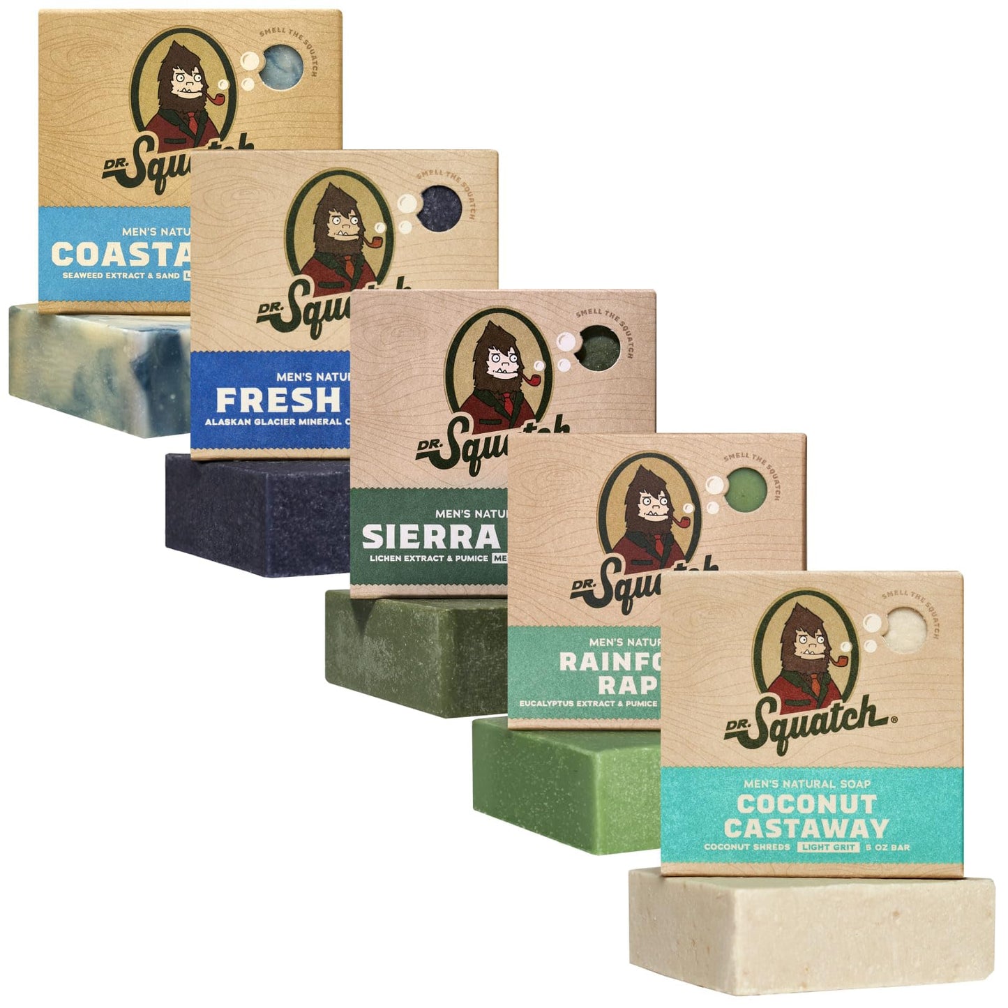 Dr. Squatch Natural Bar Soap for Men - Cold Process Soap with No Harsh Chemicals - Coconut Castaway, Wood Barrel Bourbon, Fresh Falls, Birchwood Breeze & Gold Moss (5 oz, 5-Pack)