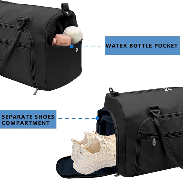 woogwin Small Gym Bag for Men & Women with Shoes & Wet Compartment Waterproof Duffle Bag for Travel Sports Workout Overnight Weekender(17.7'',Black)