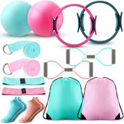 Poen Home Pilates Kit for Women Pilates Equipment Ring and Ball Set with Stretching Strap 8 Resistance Bands Non Slip Socks Gym Back Bags Exercise Equipment for Workout
