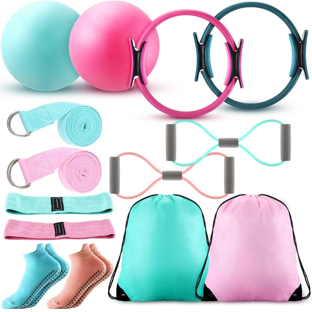 Poen Home Pilates Kit for Women Pilates Equipment Ring and Ball Set with Stretching Strap 8 Resistance Bands Non Slip Socks Gym Back Bags Exercise Equipment for Workout