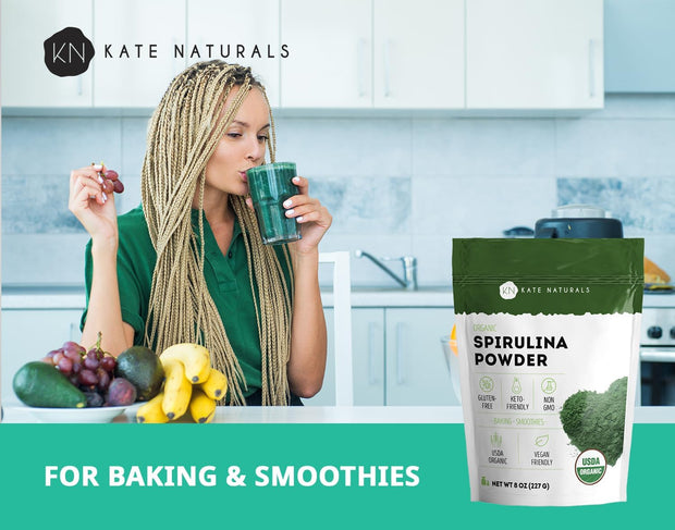 Kate Naturals Organic Spirulina Powder for Immune Support and Antioxidants. Nutrient Dense Superfood Supplement (8 oz, USDA Certified, Non-GMO, Gluten- Free)