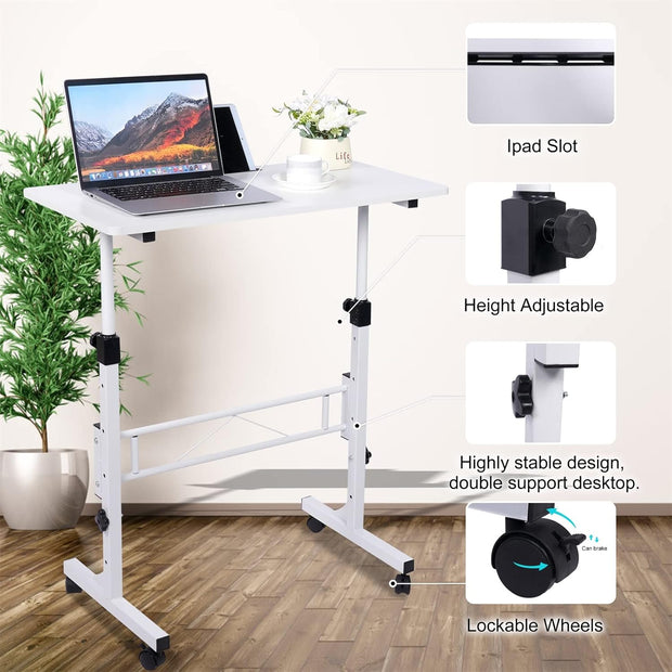 KLSMYHOKI Standing Desk Adjustable Height, Mobile Stand Up Desk with Wheels Small Computer Desk Rolling Desks, Portable Laptop Desk White Standing Table Home Office Desks 16"x31.5" Height 27"-43.5"