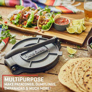 Uno Casa Cast Iron Tortilla Press 8 Inch - Tortilla Maker Press, Pre-Seasoned Roti Maker with 100 Pcs Parchment Paper - Heavy Duty Quesadilla Maker for Homemade Flatbreads, Rotis, Empanadas