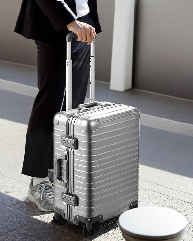 LUGGEX All Aluminum Carry On Luggage with Wheels - Zipperless Hardshell Suitcase with TSA Lock (Silver, 20 Inch)