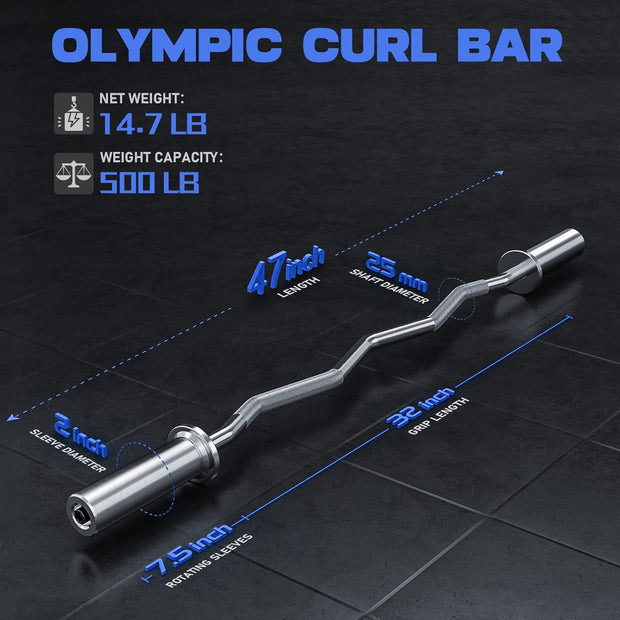 Olympic EZ Curl Barbell Bar, 47" EZ Curl Bar for Weight Lifting, Biceps, triceps, Back/Leg Muscle Group exercise,Chrome Curling Bar for 2 Inch Weight Plates,with 2 Spring Collars