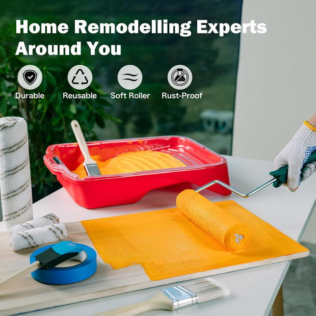 Mister Rui Foam Paint Roller, 8 Pack 4 Inch Paint Roller Kit, Complete 4" Mini Paint Roller Kit with Small Foam Paint Roller Covers, Frame, Tray and Liner for Professional Painting Results