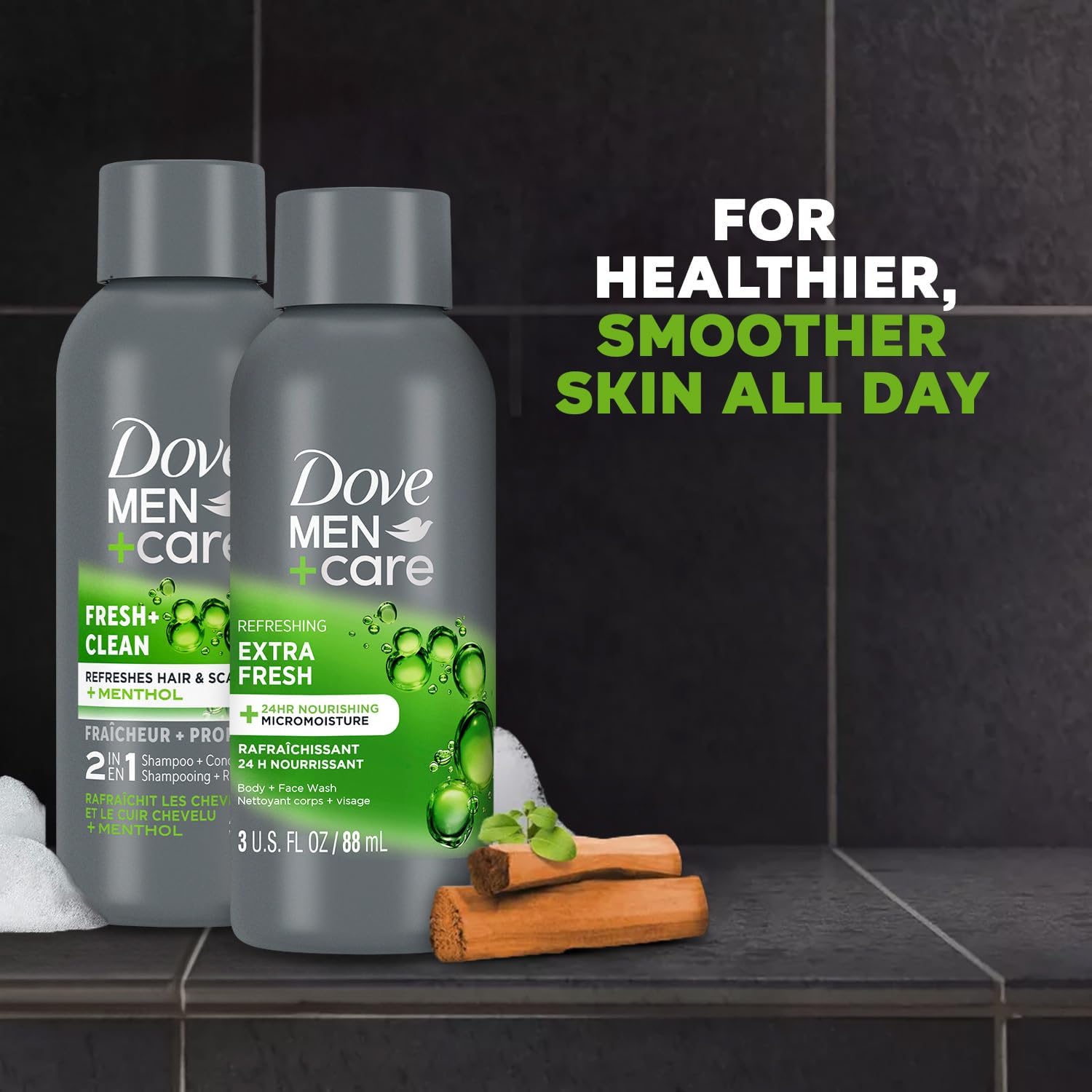 Dove Men+Care Travel Essentials Bundle – Extra Fresh Body & Face Wash & Fresh + Clean 2-in-1 Shampoo, 3 Oz Ea
