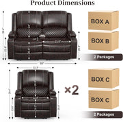 Loveseat Recliner Sofa Set with 2-Tier Cushion, 2+1+1 Pieces in Living Room, 2 Seater Reclining Loveseat Leather with Removable Console, 2 Oversize Recliner Chair Sofa Seat - Grey