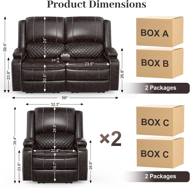Loveseat Recliner Sofa Set with 2-Tier Cushion, 2+1+1 Pieces in Living Room, 2 Seater Reclining Loveseat Leather with Removable Console, 2 Oversize Recliner Chair Sofa Seat - Grey