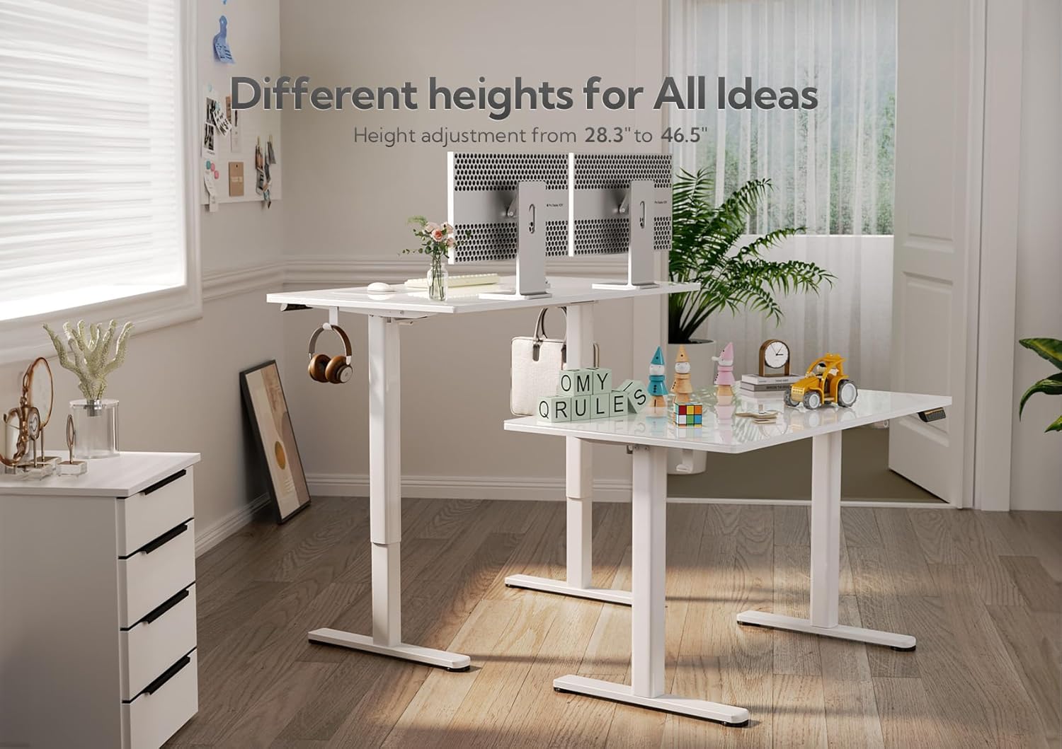 INNOVAR Glass Standing Desk, 48x24 Inch White Standing Desk Adjustable Height Electric Stand Up Quick Install for Computer Desks, Super White