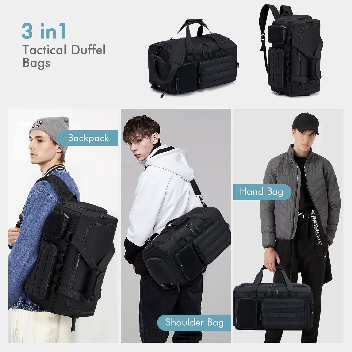 BAGZY 3 In 1 Tactical Military Travel Duffle Bag 40L with Shoe Compartment Gym Bag Backpack for Fitness Weekender Deployment Workout Black