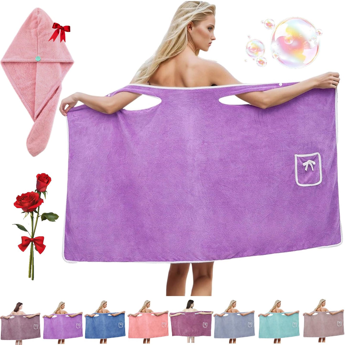 Plus Size Women's Wearable Shower Skirt, Plus Size Coral Fleece Absorbent Bath Skirt Bath Wraps, Water Absorption, 2-Button Design Adjustable Closure, Soft Friendly (Purple,Large)
