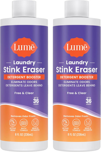 Lume Laundry Stink Eraser - Detergent Booster & Sink Soak - Eliminates Body Odor In Clothes - Odor Blasting Enzyme Blend - Makes Your Detergent Work Better - Free And Clear - 8 fluid ounces (2 Pack)