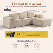 106" Cloud Sectional Couch, Left/Right Facing Convertible Sofa with Deep Seat, L-Shape Modular Upholstered Foam Couch for Living Room Bedroom, No Assembly Required (Corduroy Fabric, Beige)