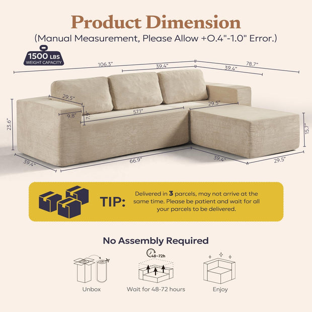 106" Cloud Sectional Couch, Left/Right Facing Convertible Sofa with Deep Seat, L-Shape Modular Upholstered Foam Couch for Living Room Bedroom, No Assembly Required (Corduroy Fabric, Beige)