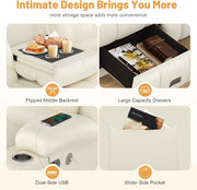 Loveseat Recliner Sofa, Flip Middle Backrest Design PU Leather 3 Seat Reclining Sofa with Storage Drawer, Manual Couch for Living Room (Ivory White, PU)