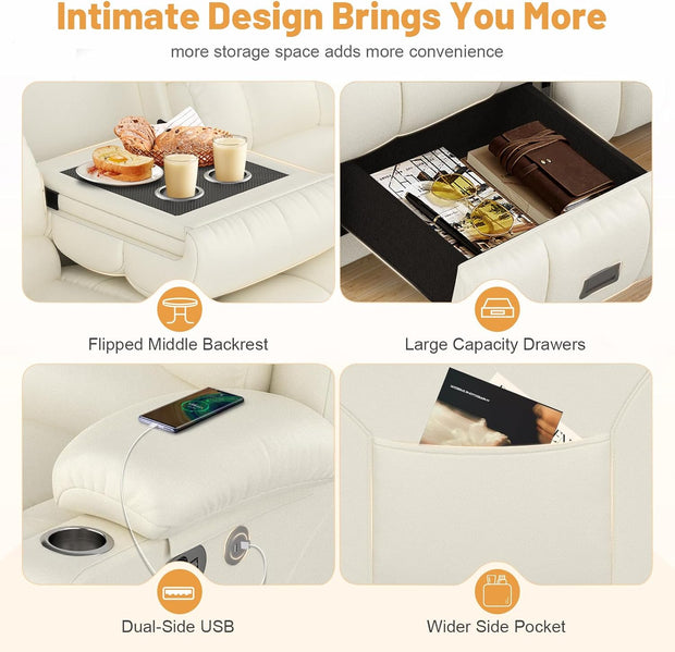 Loveseat Recliner Sofa, Flip Middle Backrest Design PU Leather 3 Seat Reclining Sofa with Storage Drawer, Manual Couch for Living Room (Ivory White, PU)