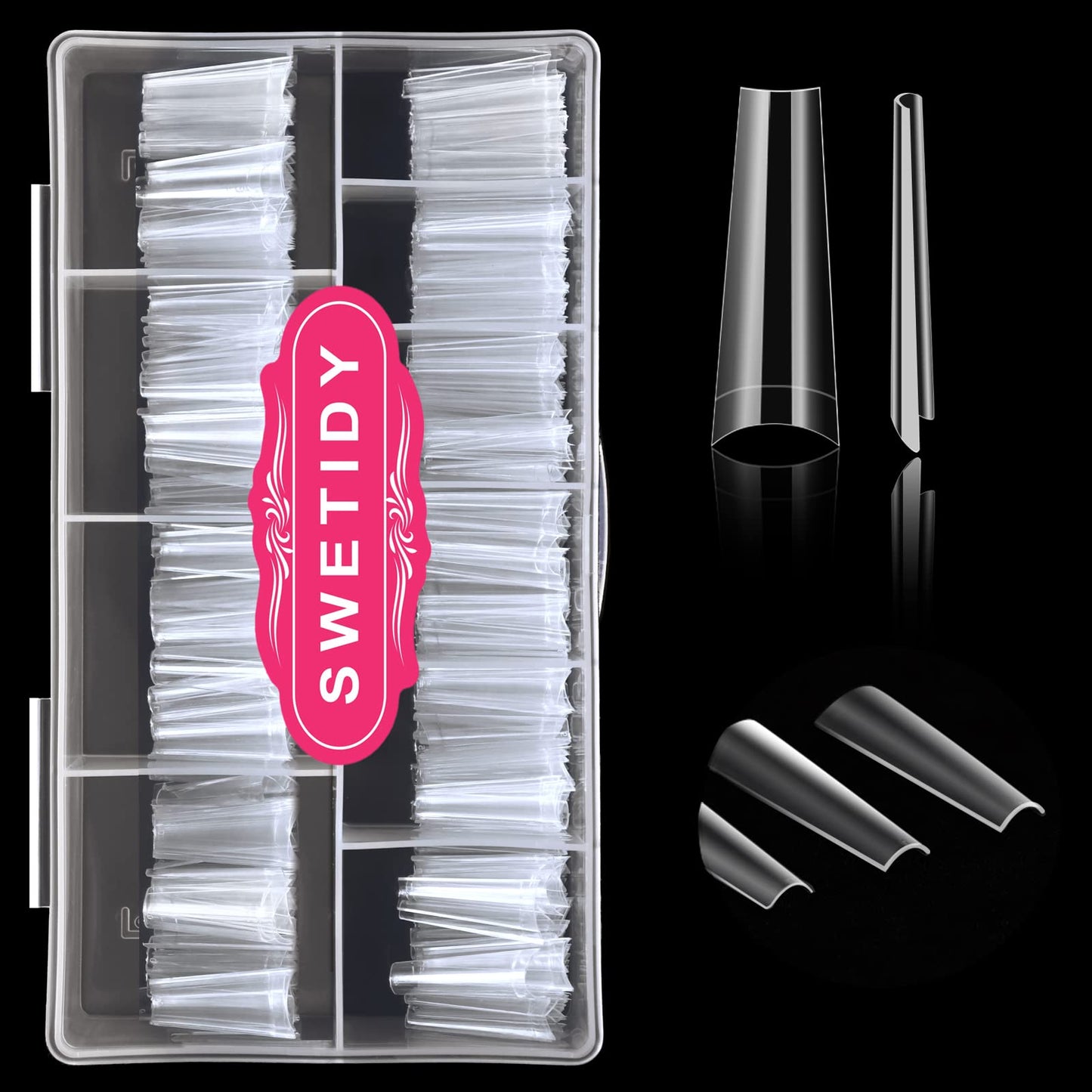 No C Curve 3XL Long Coffin Nail Tips, 420pcs Clear Acrylic Coffin Shape SWETIDY Flattened Half Cover False Nails for Salon&Home DIY French ABS Nail Art Tips,12 Sizes