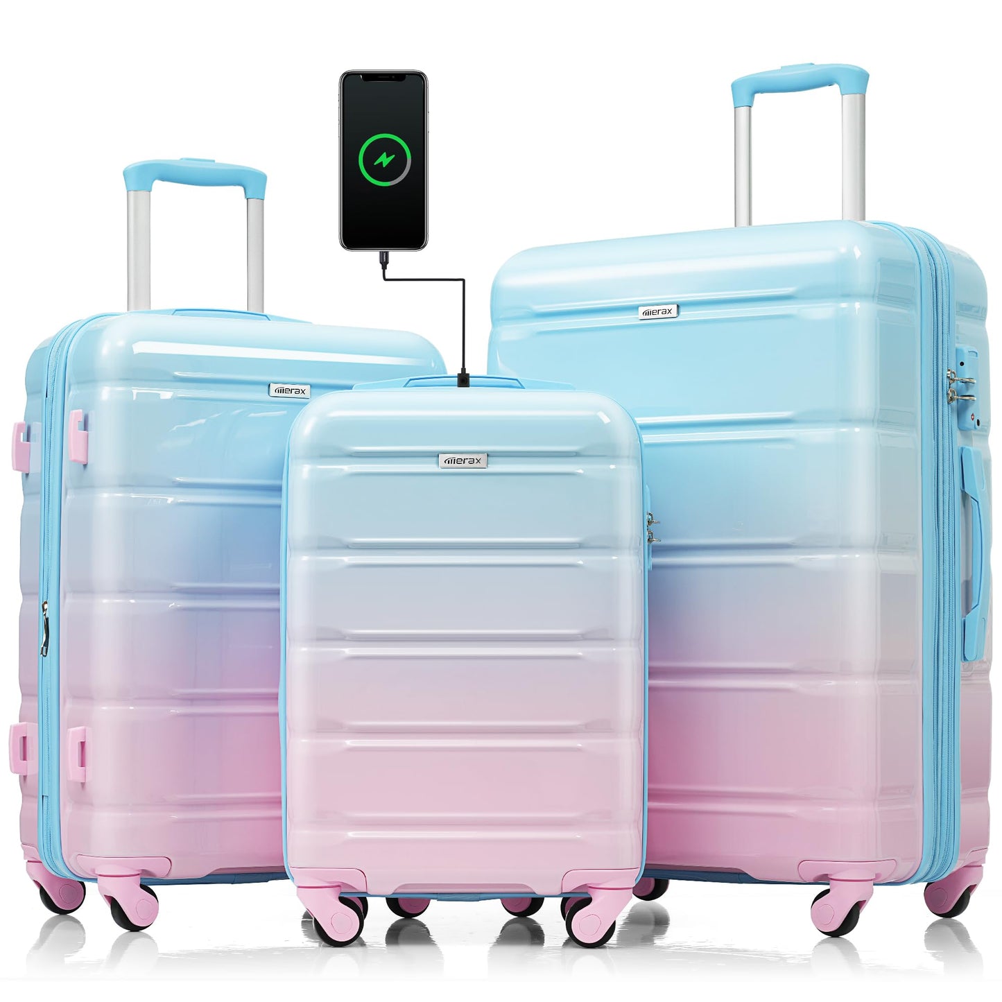 Merax 3 Luggage Sets, ABS Hardshell Suitcase Spinner Wheels with USB Port TSA Lock, Blue and Navy, 20/24/28 Inch
