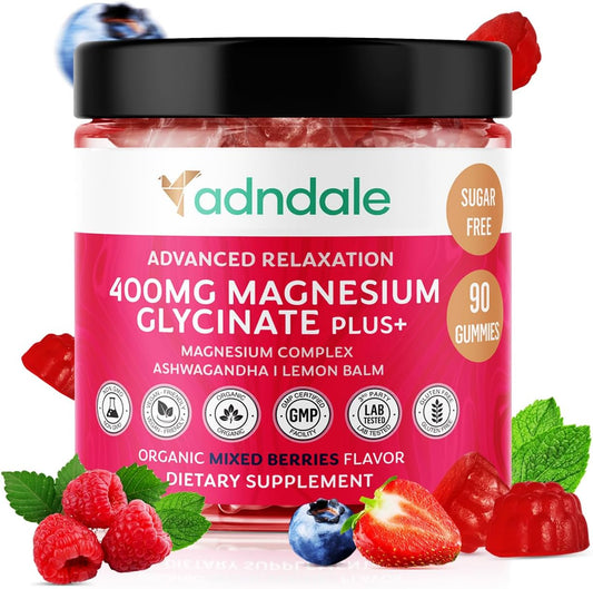 Adndale 90 CT Magnesium Glycinate Gummies 400 mg/Serv with Ashwagandha, Magnesium Malate & Taurate, Sugar Free Chews for Adults & Kids Relaxation, Stress Relief, Night Rest, Muscle & Cardio Support