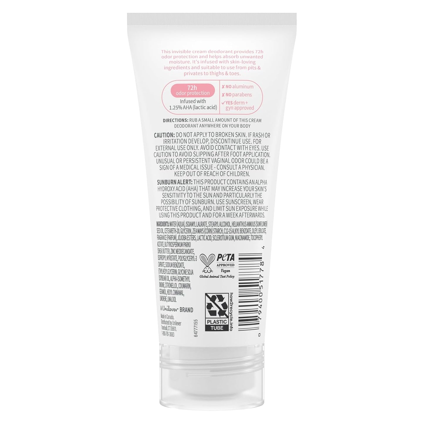 Dove Whole Body Deodorant Aluminum Free pH Balancing Cream Raspberry & Rose for 72h Odor Control 2.5 Oz