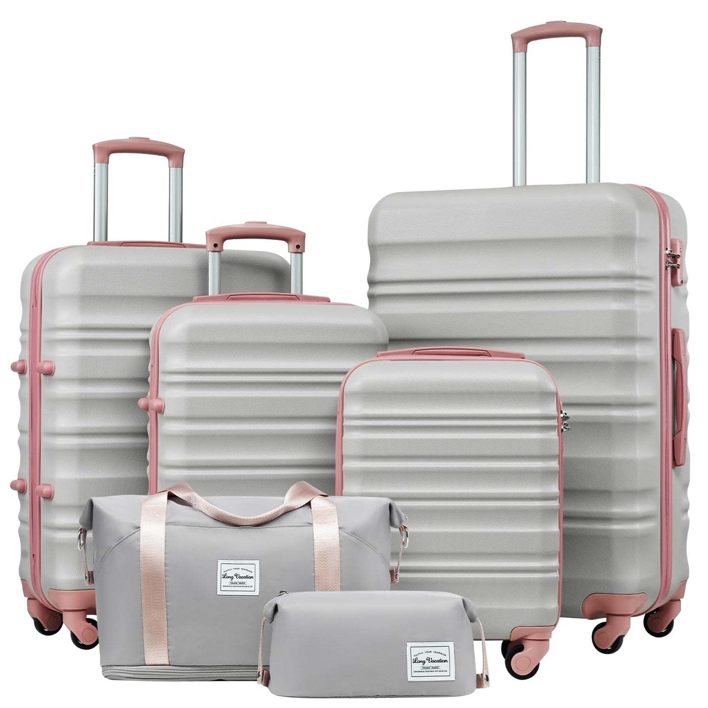 LONG VACATION 6 Piece Luggage Set Carry on Suitcase with ABS+PC hardshell, Spinner Wheels & YKK Zipper TSA Lock (WHITE-BROWN, 6 piece set)