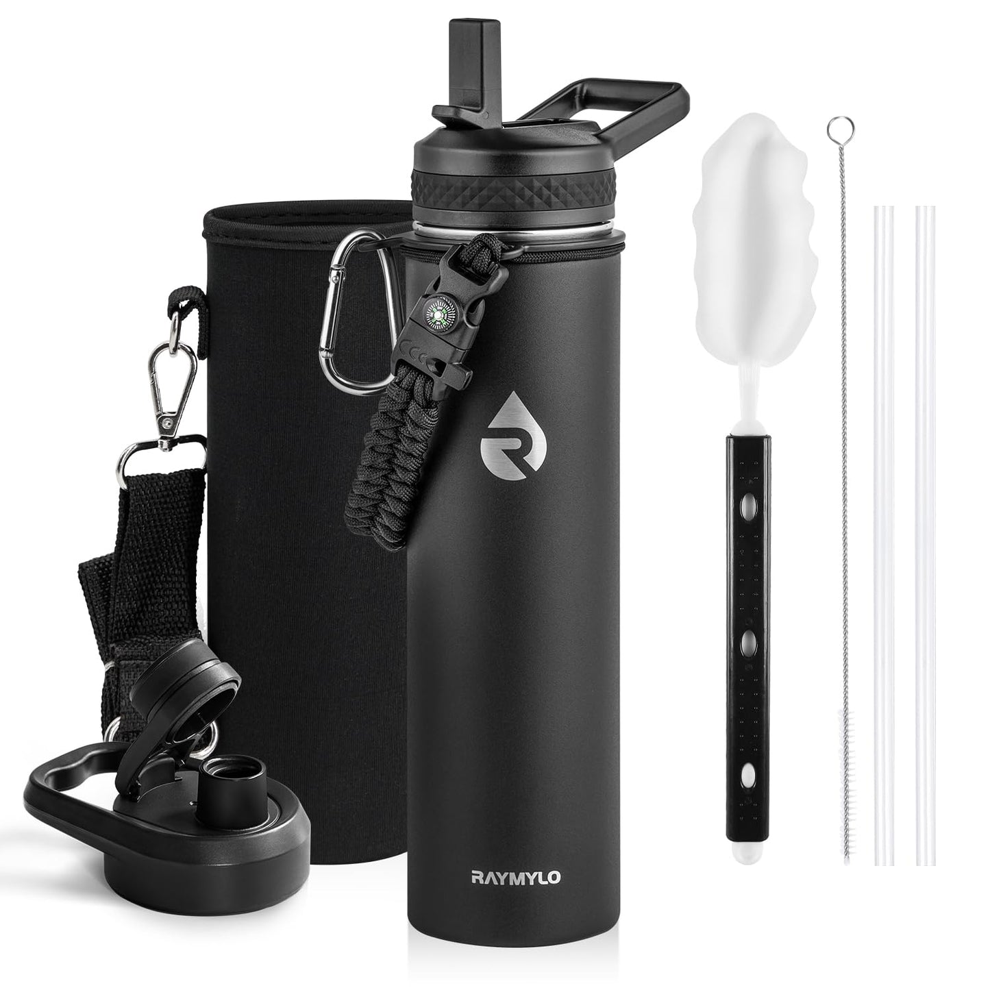 Insulated Water Bottle 64 oz, Triple Wall Vacuum Stainless Steel (Cold for 48 Hrs), Leak Proof & Non-BPA, Half Gallon Water Flask Jug with Paracord Handle & Straw Spout Lids, Magic Black