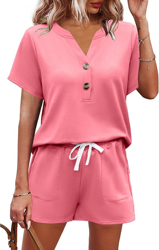 AKEWEI Womens Two Piece Outfits Summer Lounge Sets Tracksuit V Neck Buttons Down Tops and Shorts Set with Pockets
