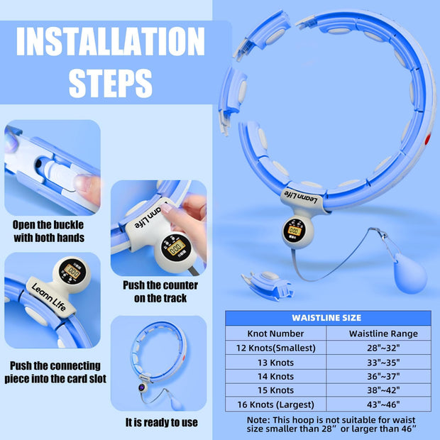 U5-16 Knots Waist 28”- 46”, Silent Smart Weighted Hula Hoop for Adults Weight Loss, Infinity Hoop Plus Size, Home Outdoors Fitness Exercise, Abdominal Toner