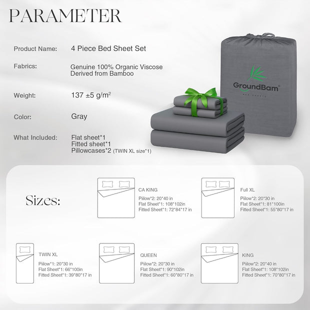 Silver Infused Bed Sheets, Cooling Fabric with Self-Cleaning Technology for Restful Sleep, Genuine 100% Organic Viscose Derived from Bamboo, Breathable and Soft Bed Sheets (Gray, King)