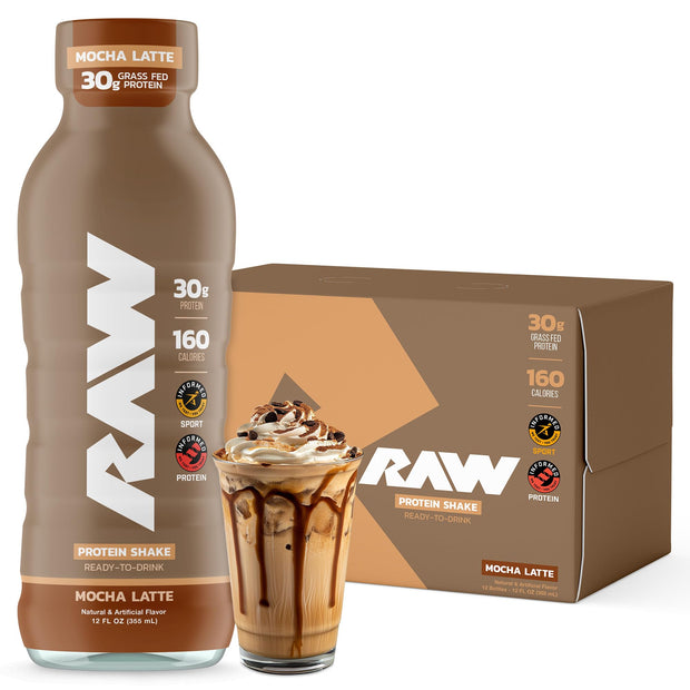 RAW Ready-to-Drink Protein Shake, Chocolate - RTD Protein Drinks with Grass-Fed Whey Protein Isolate for Post-Workout - Zero-Sugar & Gluten-Free Meal Replacement Drink & Breakfast Shake, 12 Fl Oz