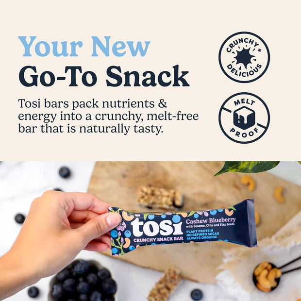 Tosi Nut Bars, Cashew Blueberry, Healthy Snacks for Adults & Kids, Plant Based Crunchy Bars (6G Protein), Organic Keto Snacks, Vegan, Gluten & Soy Free, Low Sugar, Omega 3s, 1oz, 12-Pack