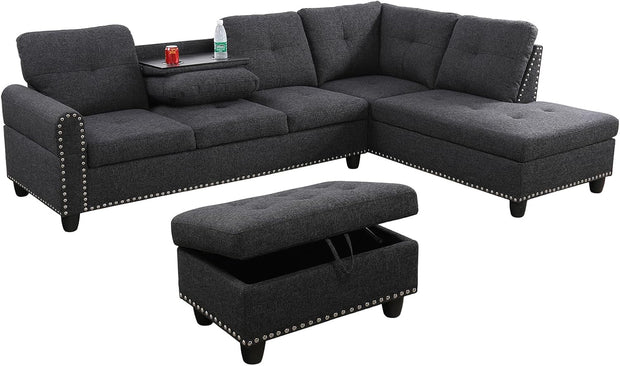 L Shaped Sectional Couches, Modular Sectional Sofa with Ottoman Storage, Nail-Head Design Lounge Sofa with Reversible Cup Holder for Living Room, Bedroom, Gray