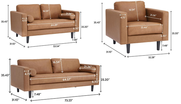 Naomi Home Siggy Genuine Leather Sofa - Set of 3 Luxurious Comfort, Goose Feather Cushion Filling, Square Arm Design, Sturdy Block Legs, Elegant Tan - Ideal for Living Room, Office, or Bedroom