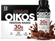 Oikos Protein Shake, Chocolate, 30g High Protein Drinks, Shelf Stable, Ready to Drink, 5g Prebiotic Fiber, 12 fl oz Bottle, 12 Count​