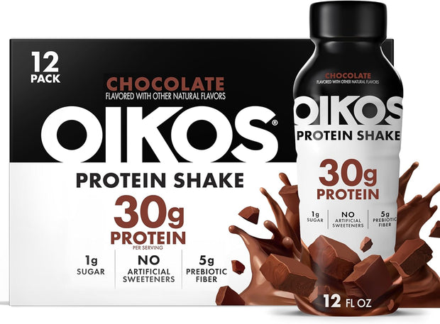 Oikos Protein Shake, Chocolate, 30g High Protein Drinks, Shelf Stable, Ready to Drink, 5g Prebiotic Fiber, 12 fl oz Bottle, 12 Count​