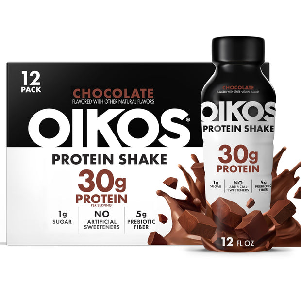 Oikos Protein Shake, Vanilla, 30g High Protein Drinks, Shelf Stable, Ready to Drink, 5g Prebiotic Fiber, 12 fl oz Bottle, 12 Count​