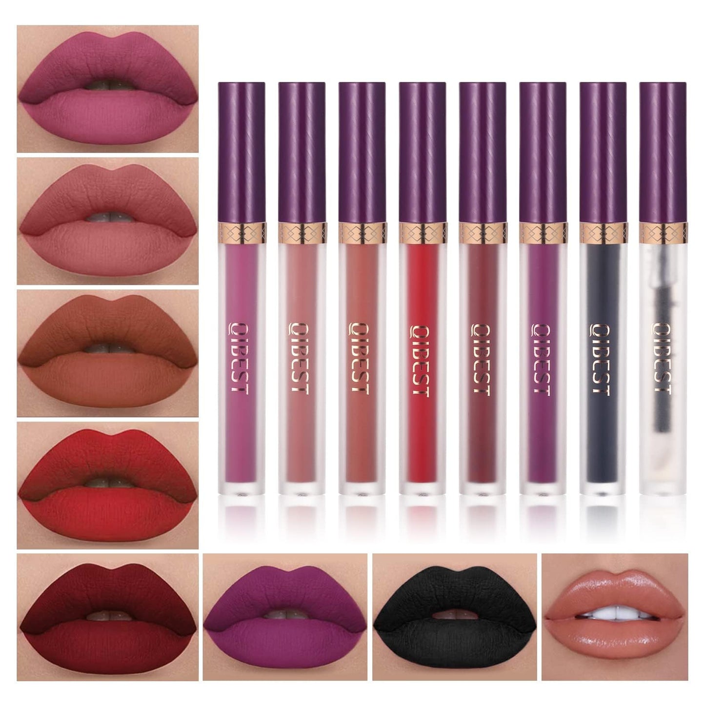 QiBest 7Pcs Matte Liquid Lipstick + 1Pcs Lip Plumper Makeup Set Kit, Pigmented Long Lasting Lip Gloss Set, Velvet Waterproof Halloween Lip Makeup Valentine's Gift Sets for Girls and Women
