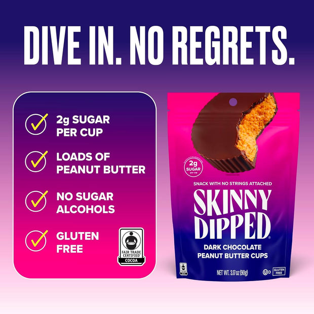 SkinnyDipped Dark Chocolate Peanut Butter Cups, 2g Sugar per Cup, Keto Friendly, No Stevia, Gluten Free, 3.2oz, 1 Pack (6 Cups Total)