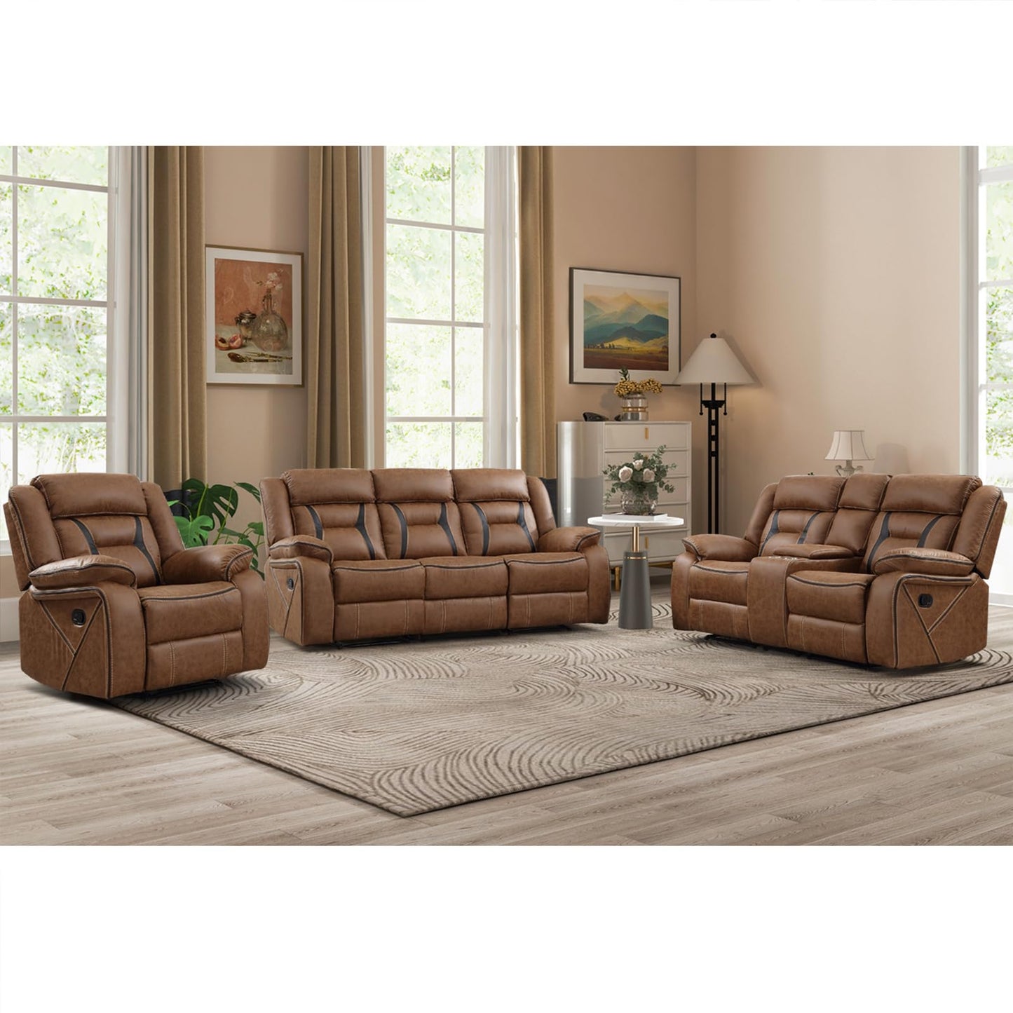 Faux Leather Recliner Sofa Furniture Set for Living Room, 2 Recliner Chairs, 3 Seat Reclining Sofa Couch Set for Meeting Room, Brown