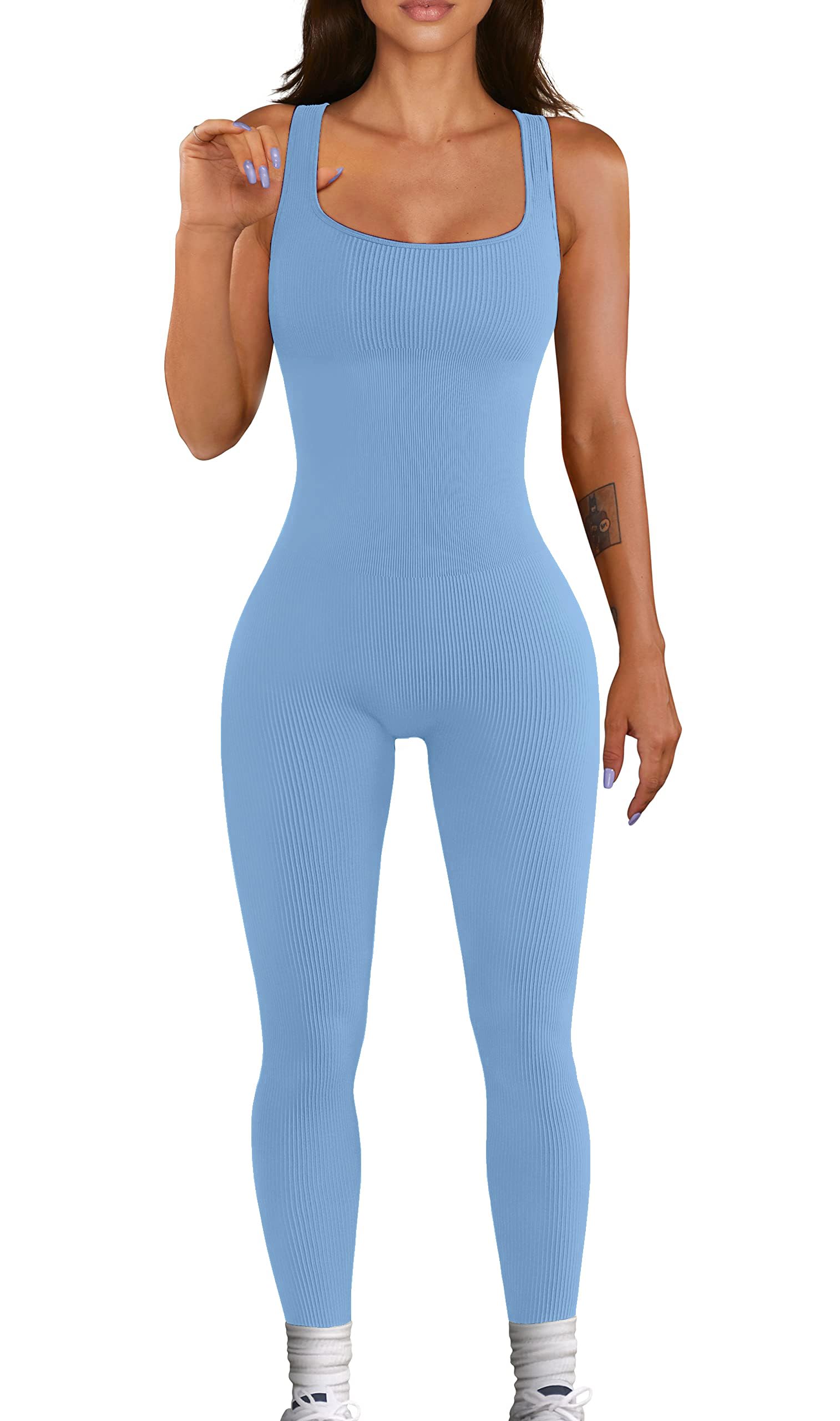Women Workout Seamless Jumpsuit Yoga Ribbed Bodycon One Piece Tank Top Leggings Romper